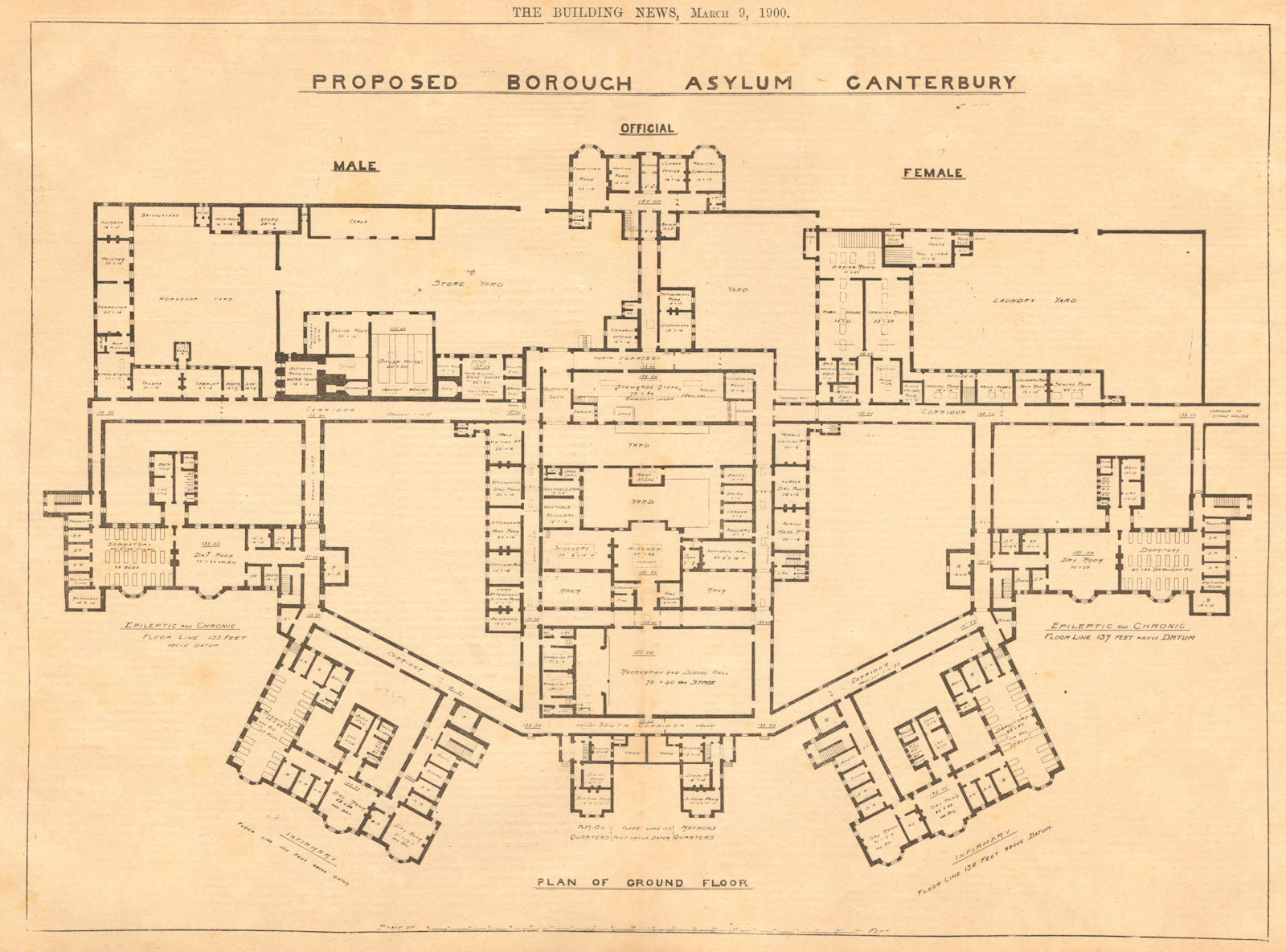 Proposed Borough Asylum, Canterbury. Plan of ground floor. Kent 1900 old print